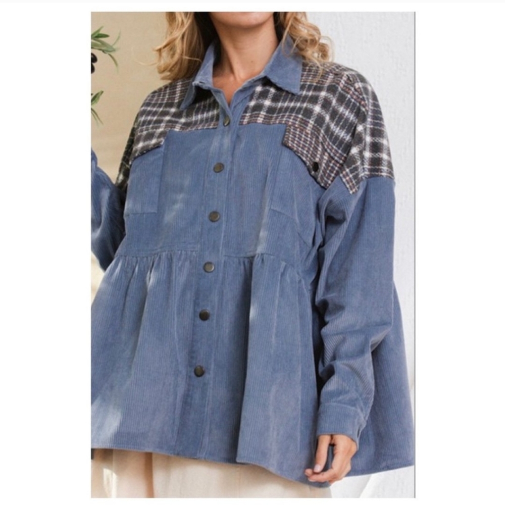 ❌SOLD✨PEPLUM BLUE CORDUROY SHACKET-TOP-NEW BY CES FEMME - Picture 3 of 4